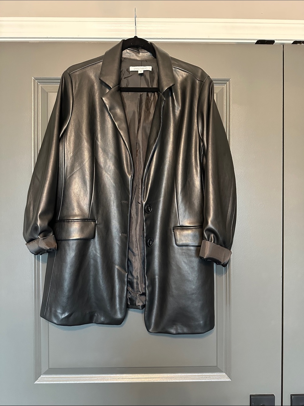 Black Vegan Leather Oversized Blazer Jacket - Classic Tailored Style